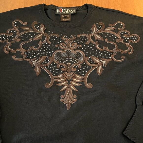 Vintage Escada 100% Wool Sweater Floral Embroidered Germany Designer Size 34 - Picture 3 of 10